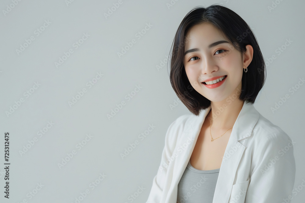 a confident young lady wearing white blazer smiling lively in isolated plain studio background a confident young lady wearing white blazer smiling lively in isolated plain studio background