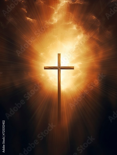 cross of jesus christ on sorrow darkness and bright light and rays background, copy space - generative ai