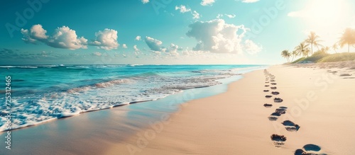 Summer vacation in a tropical climate with footprints on an empty sandy beach landscape. photo