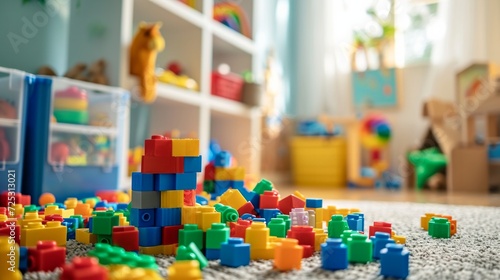 Many different toys children constructor blocks on floor in childs room photo