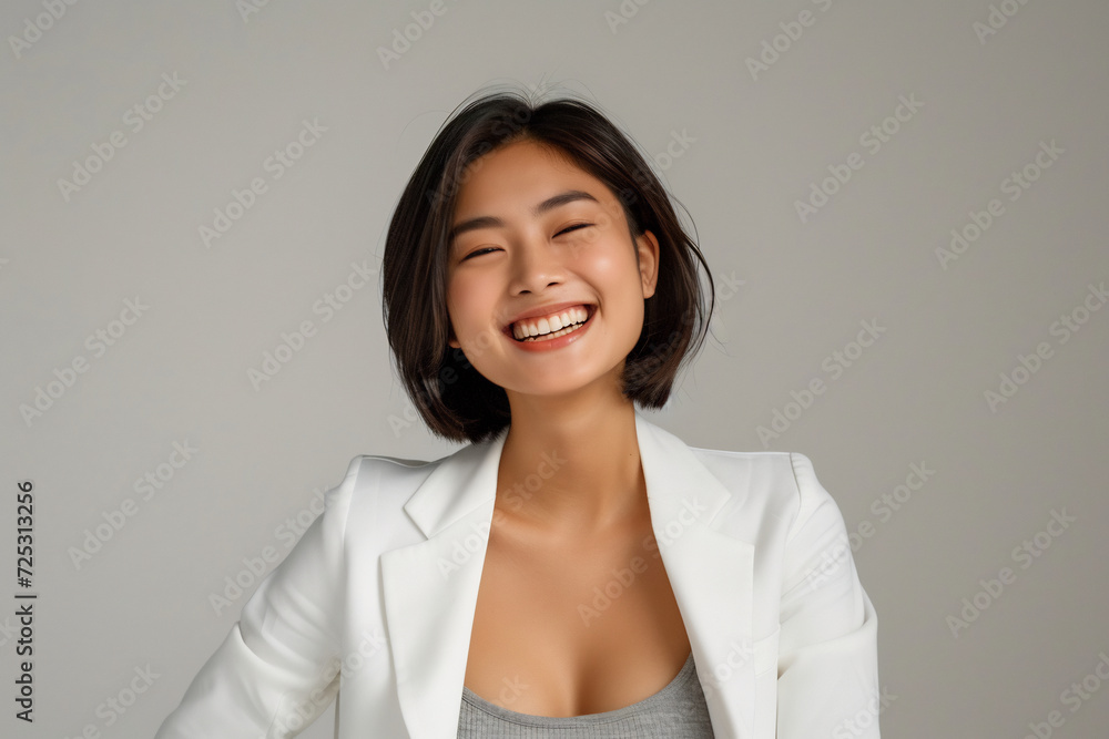 a confident young lady wearing white blazer smiling lively in isolated plain studio background a confident young lady wearing white blazer smiling lively in isolated plain studio background