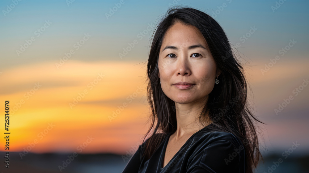 Asian businesswoman portrait looking confident on a sunset copy space background