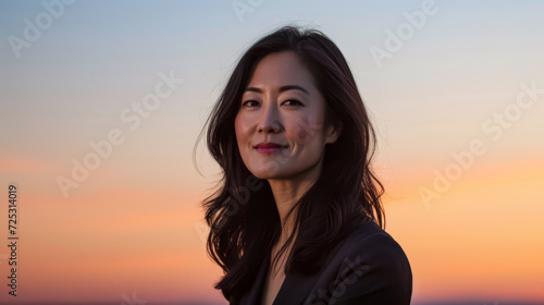 Asian businesswoman portrait looking confident on a sunset copy space background