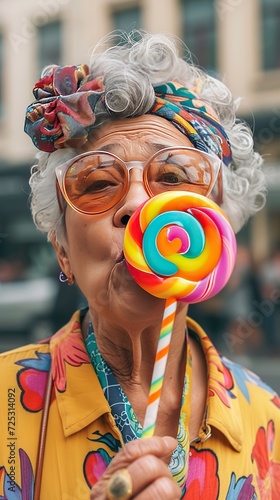 Elderly woman with a multicolored lollipop, the concept of zest for life.