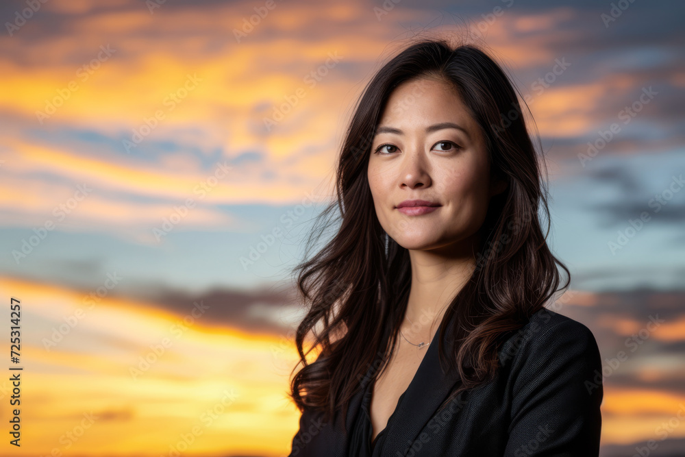 Asian businesswoman portrait looking confident on a sunset copy space background