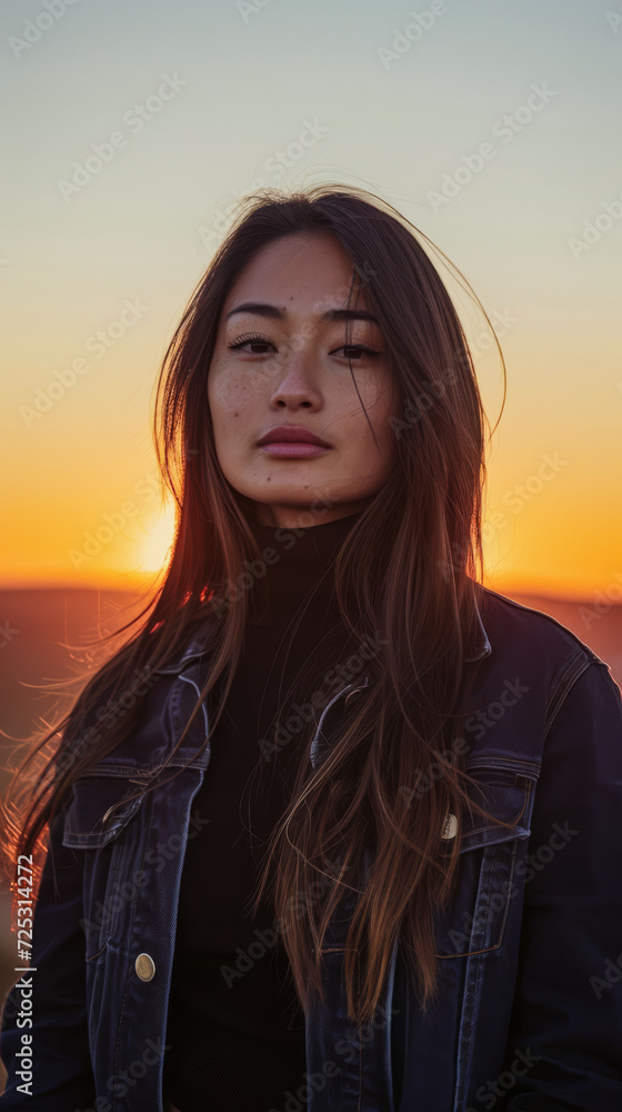Fototapeta premium Asian businesswoman portrait looking confident on a sunset copy space background