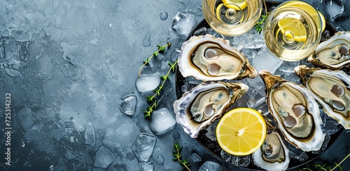Oysters and glasses of wine on an ice bed. The concept of delicacies and luxury.