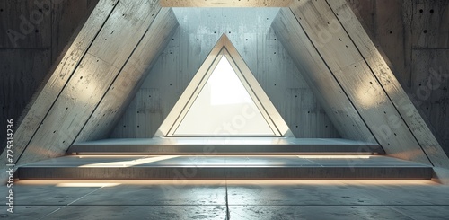 Minimalist interior with a triangular window. The concept of architecture and design.