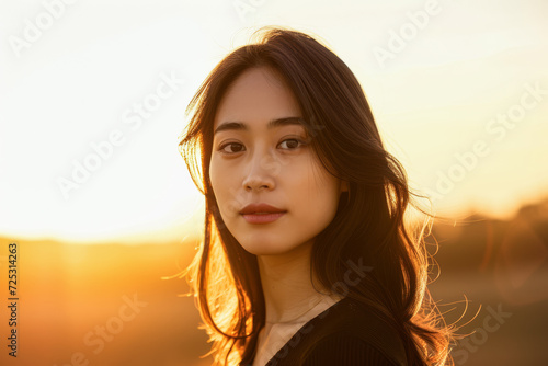 Asian businesswoman portrait looking confident on a sunset copy space background © JuanM