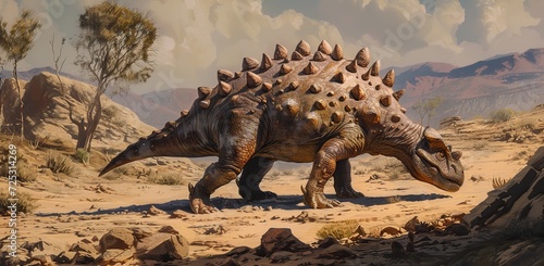 Dinosaur in the desert. The concept of prehistoric time and paleontology.