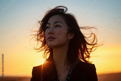 Asian businesswoman portrait looking confident on a sunset copy space background © JuanM