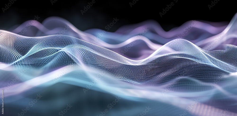 Wavy lines of glowing dots on a dark background. Concept of technology and digital art. Wavy lines of glowing dots on a dark background. Concept of technology and digital art.
