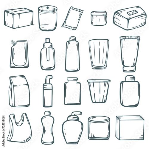 Packaging Doodles sketch style set. Plastic bottle  tube  jar  cardboard box  package  various packaging hand drawn collection. Household goods packaging ink line  isolated vector illustration