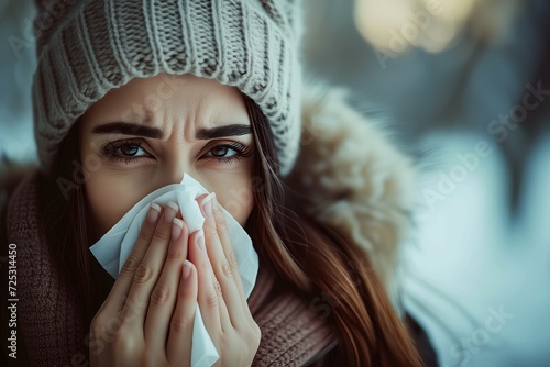 Person blowing their nose into a tissue. Cough and cold season.
