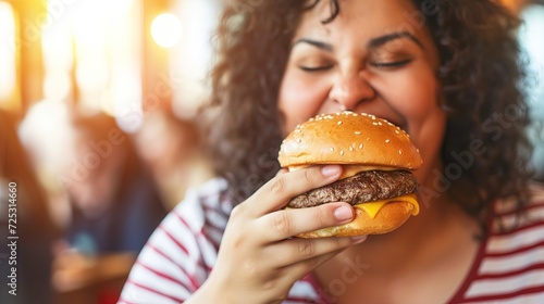 Fat joyful woman eating burger