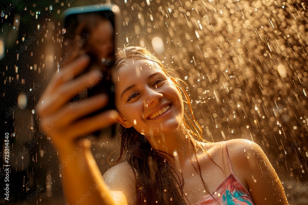Obraz premium Young woman taking a selfie in the rain.