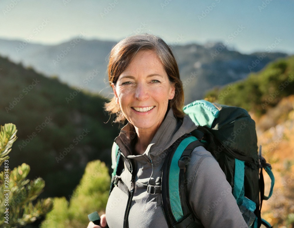 portrait an attractive senior woman hiking with a backpack