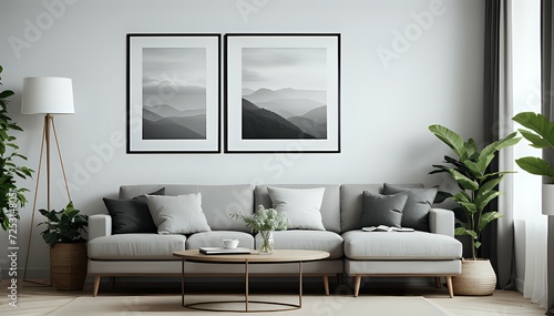 Blank horizontal poster frame mock up in scandinavian style living room interior, modern living room interior background, beige sofa and pampas grass, 3d rendering