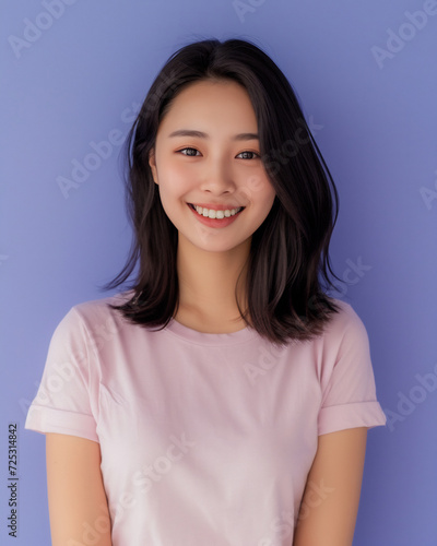 beautiful young asian woman smiling lively standing in purple isolated studio background