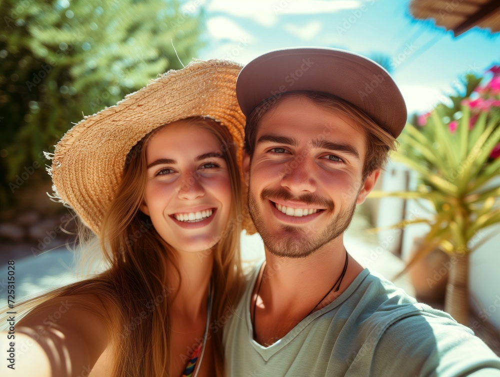 Happy couple on vacation on a beach.