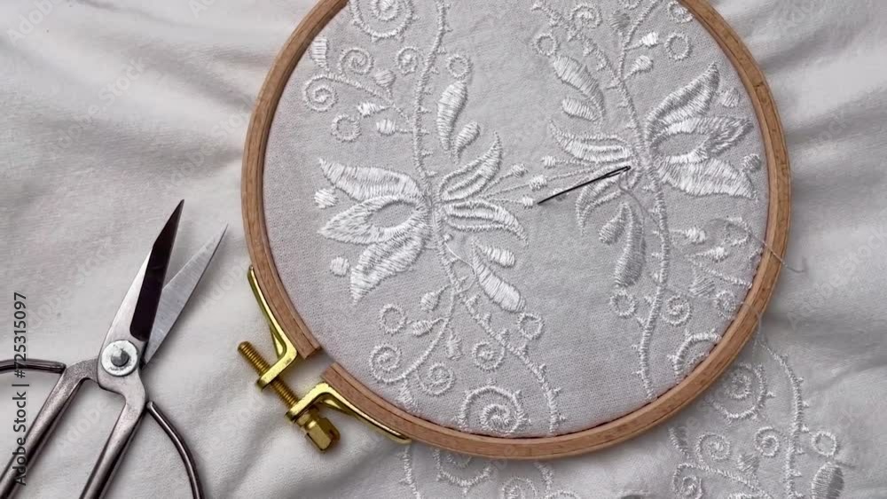 The process of embroidering a shirt with white threads on white fabric. The process of embroidering a shirt with white threads on white fabric.