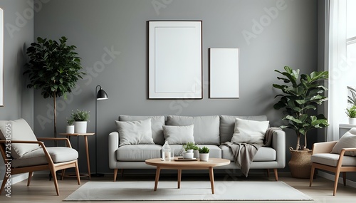 Blank horizontal poster frame mock up in scandinavian style living room interior, modern living room interior background, beige sofa and pampas grass, 3d rendering © Chubby Studio