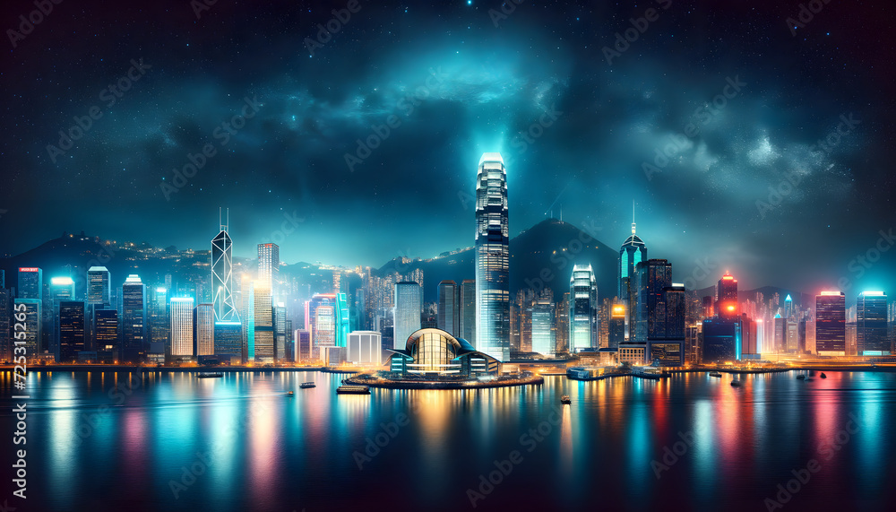 Hong Kong's cityscape at night. It captures the iconic skyline and landmarks under a starry sky, illuminated with vibrant lights and reflecting off the water