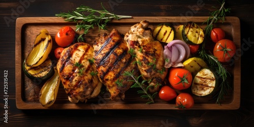 Overhead shot of grilled chicken and vegetables on wooden table.