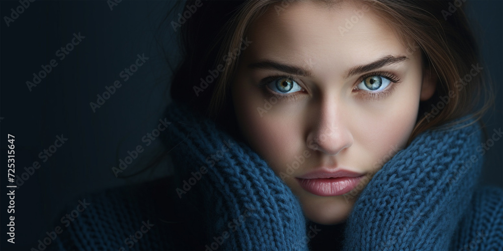 Woman in a blue turtleneck, knitting threads of sorrow into an exquisite portrait of quiet reflection. Woman in a blue turtleneck, knitting threads of sorrow into an exquisite portrait of quiet reflection.
