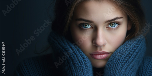 Woman in a blue turtleneck, knitting threads of sorrow into an exquisite portrait of quiet reflection.