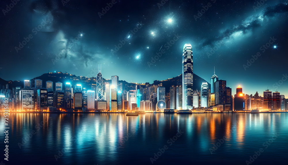 Hong Kong's cityscape at night. the iconic skyline and landmarks under a starry sky, illuminated with vibrant lights and reflecting off the water