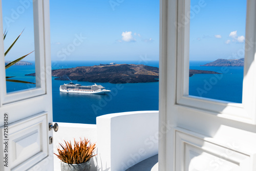 White architecture in Santorini island, Greece. Beautiful terrace with sea view. © smallredgirl