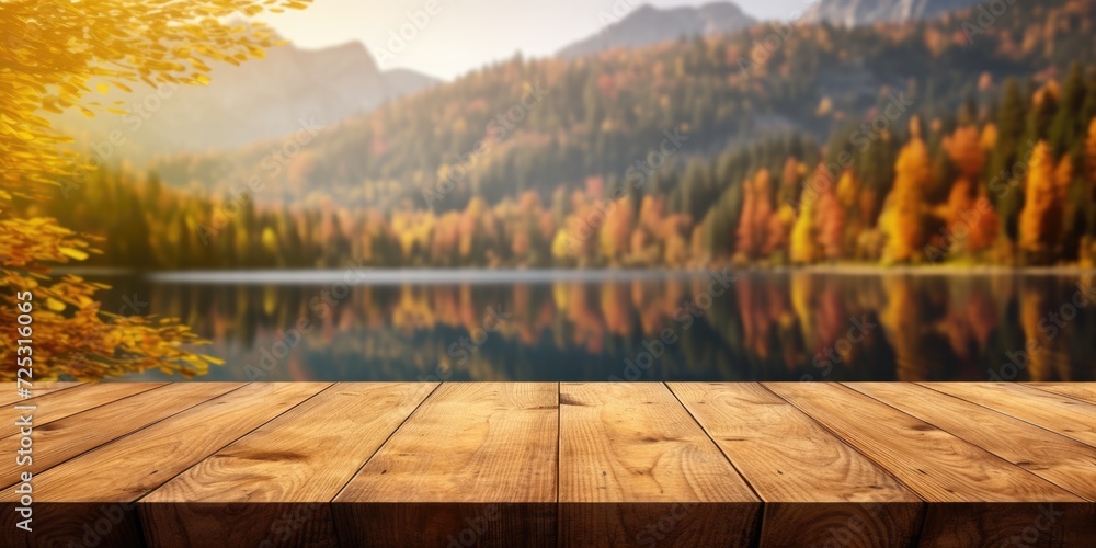 The empty wooden table top with blur background of lake and mountain in autumn. Exuberant image. generative ai - obrazy, fototapety, plakaty 