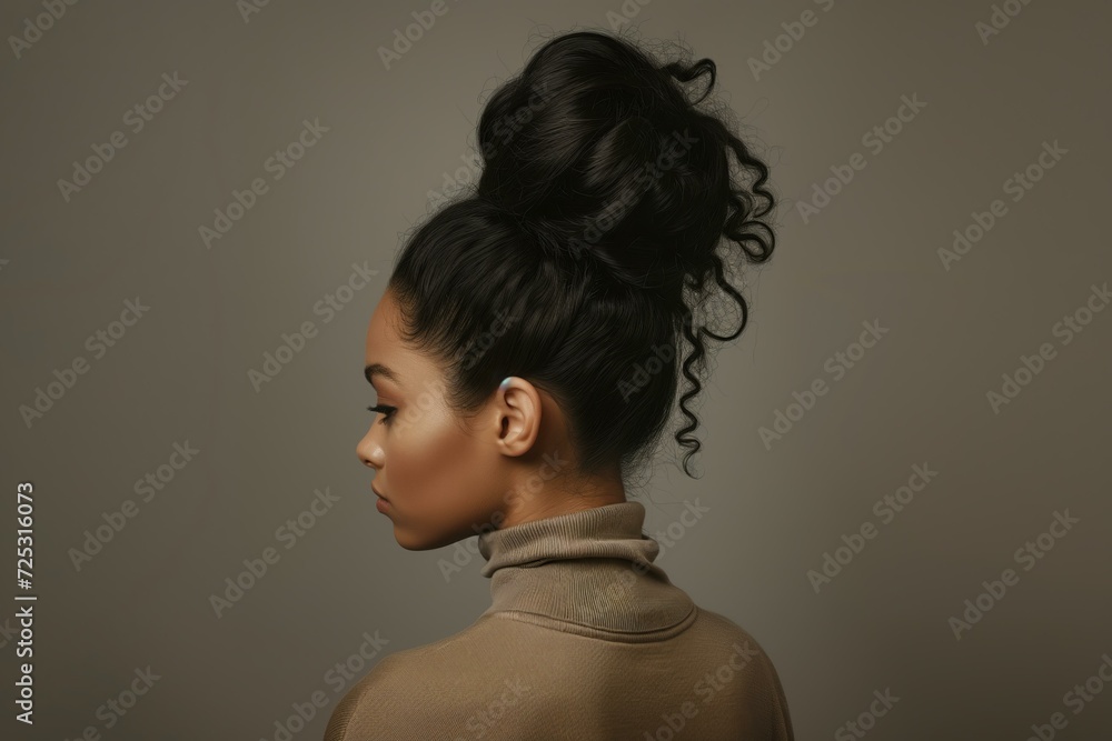 young woman with big voluminous hair bun, studio shot, neutral background young woman with big voluminous hair bun, studio shot, neutral background