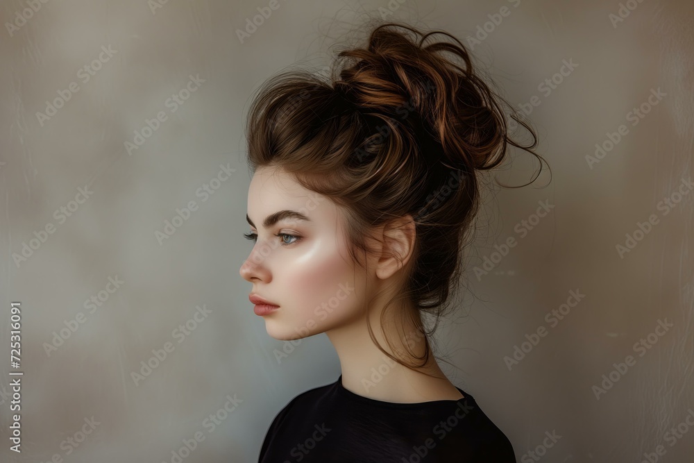 young woman with big voluminous hair bun, studio shot, neutral background young woman with big voluminous hair bun, studio shot, neutral background