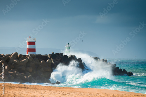 Lighthouses on the shore of Atlantic ocean in Nazare, Portugal.