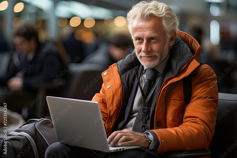 Silver-Haired Gentleman Working on Laptop in Bustling Airport Lounge Silver-Haired Gentleman Working on Laptop in Bustling Airport Lounge