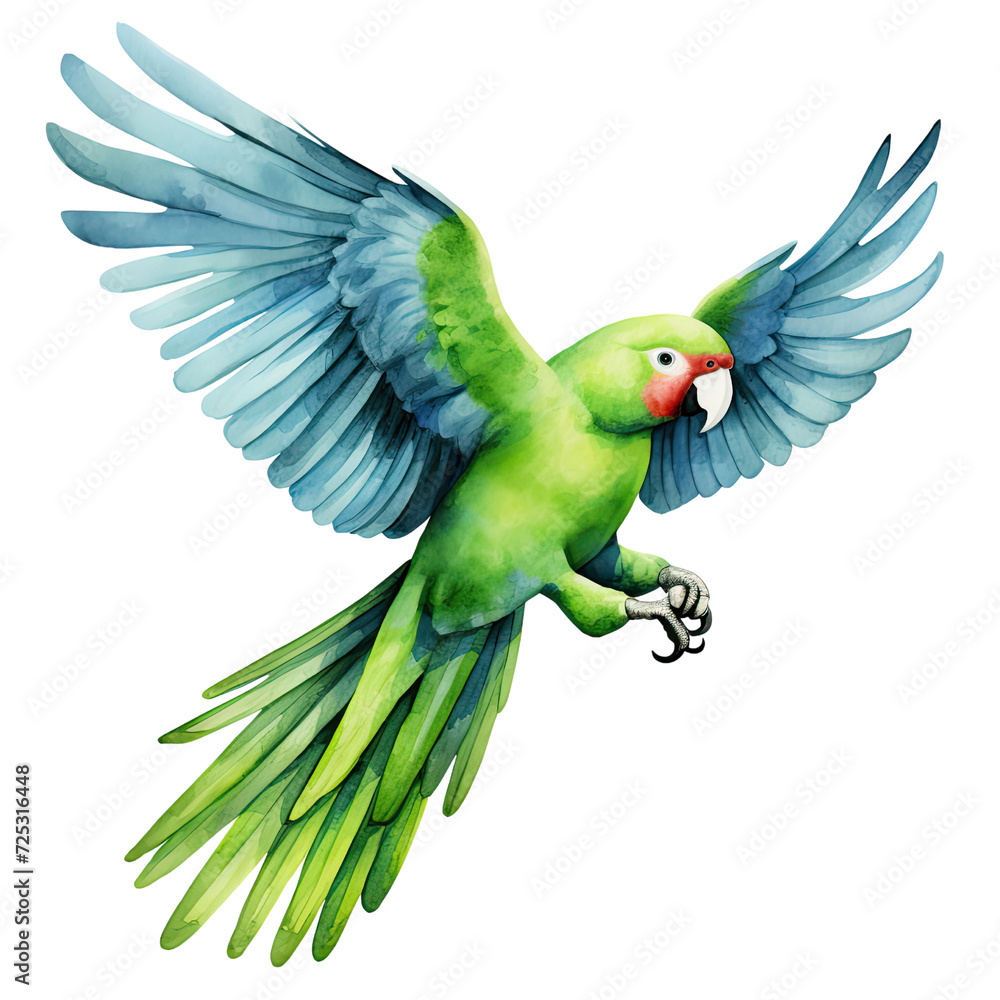 AI-generated watercolor clipart of an Amazon parrot illustration. Isolated elements on a white background.