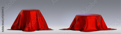 3D round podiums covered with red silk cloth isolated on transparent background. Vector realistic illustration of product presentation platform, award ceremony pedestal under scarlet satin fabric
