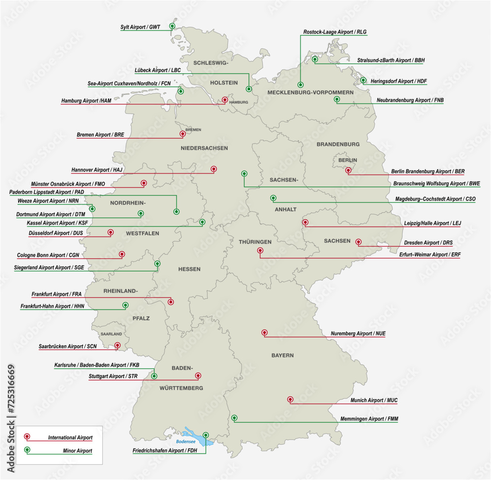 Fototapeta premium Vector overview map of the most important airports in Germany