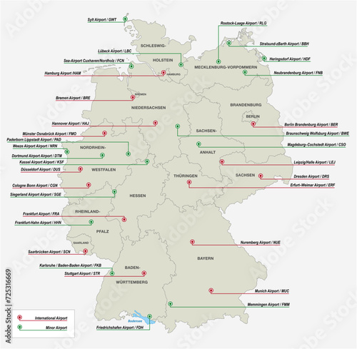Vector overview map of the most important airports in Germany