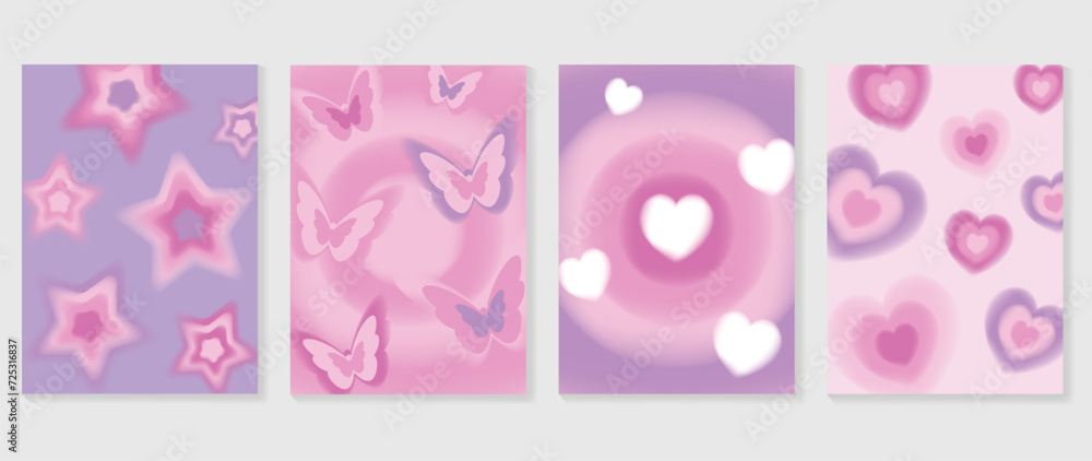 Abstract gradient Y2K style template cover vector set. Happy Valentine's Day decorate with gradient heart, purple background, star, butterfly. Design for greeting card, fashion, commercial, banner. Abstract gradient Y2K style template cover vector set. Happy Valentine's Day decorate with gradient heart, purple background, star, butterfly. Design for greeting card, fashion, commercial, banner.