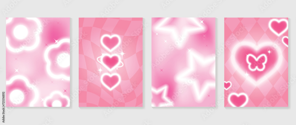 Abstract gradient Y2K style template cover vector set. Happy Valentine's Day decorate with trendy pink gradient heart, stars, butterfly, flower. Design for greeting card, fashion, commercial, banner.