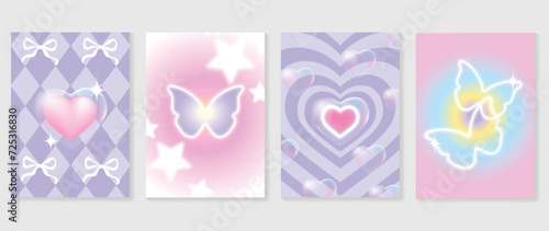 Abstract gradient Y2K style template cover vector set. Happy Valentine's Day decorate with trendy gradient heart, ribbon, bubble, butterfly. Design for greeting card, fashion, commercial, banner.