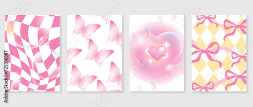 Abstract gradient Y2K style template cover vector set. Happy Valentine's Day decorate with trendy gradient heart, bubble, ribbon, butterfly. Design for greeting card, fashion, commercial, banner.