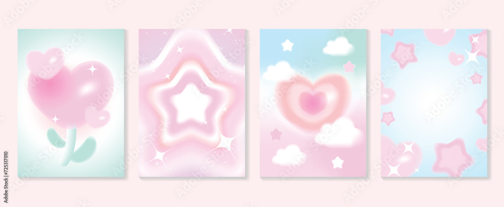 Abstract gradient Y2K style template cover vector set. Happy Valentine's Day decorate with trendy gradient heart, star, y2k colorful background. Design for greeting card, fashion, commercial, banner.