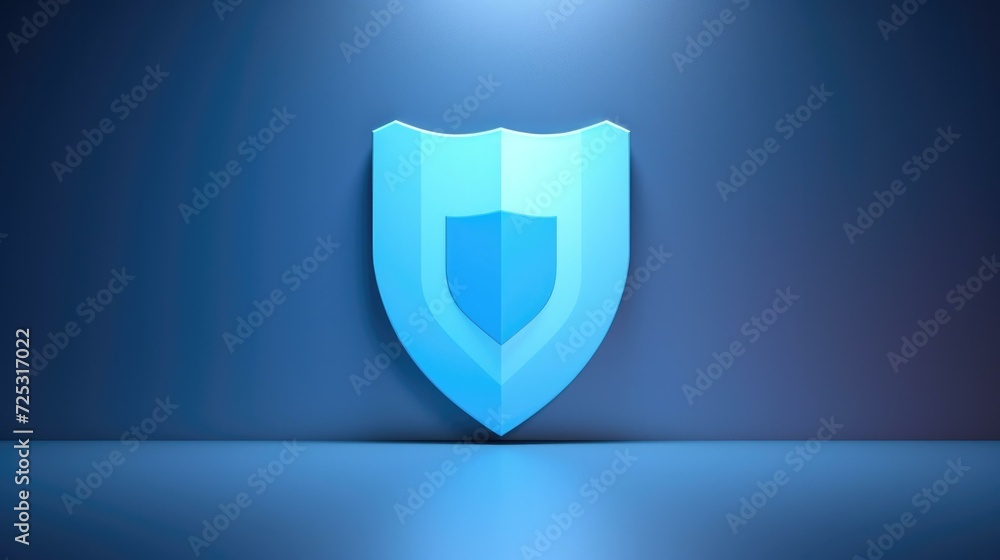Blue shield icon on dark background. Generative AI. Blue shield icon on dark background. Generative AI.