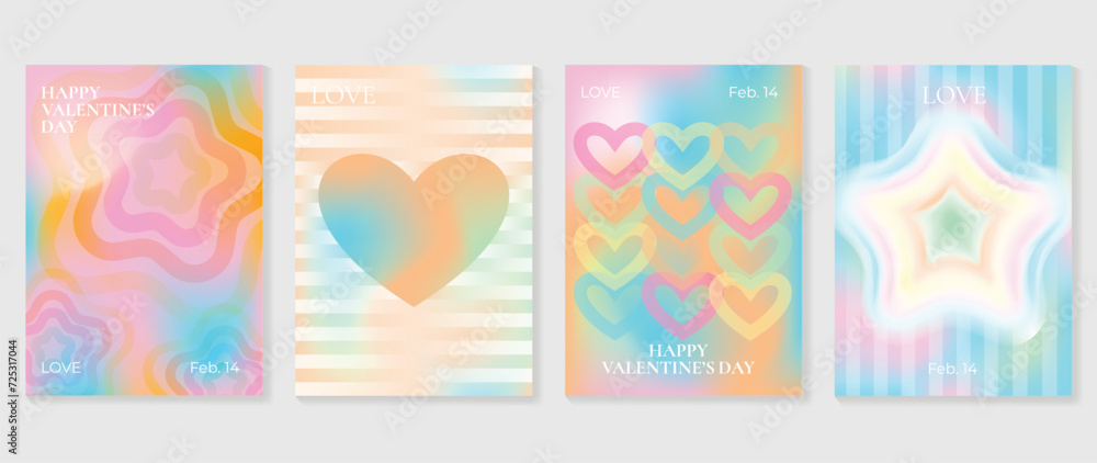 Abstract gradient Y2K style template cover vector set. Happy Valentine's Day decorate with trendy gradient heart, stars, y2k colorful background. Design for greeting card, fashion, commercial, banner.