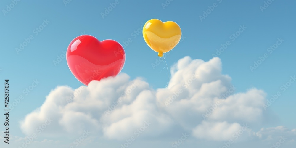 Two heart shaped balloons floating in the sky. Generative AI.