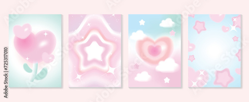 Abstract gradient Y2K style template cover vector set. Happy Valentine's Day decorate with trendy gradient heart, star, y2k colorful background. Design for greeting card, fashion, commercial, banner.